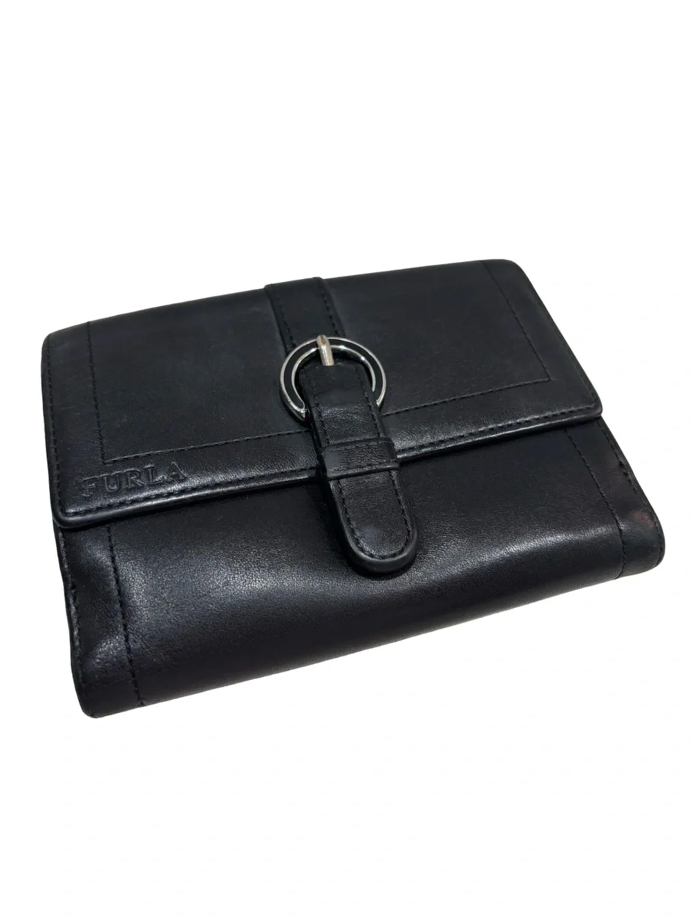 Vintage Furla Black Genuine Leather Bifold Wallet Silver Ring Hardware